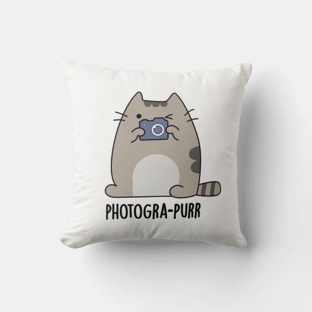 Photograh-purr Funny Cat Photographer Pun Throw Pillow (Front)