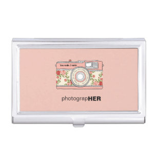 PhotograHER Vintage Camera with Pink & Red Roses Case For Business Cards