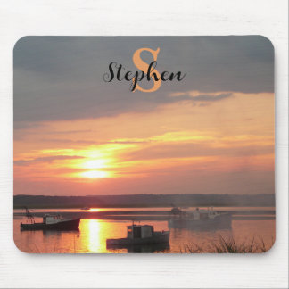Photograph Boats in the Harbor at Sunset Monogram Mouse Pad