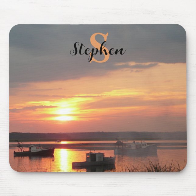 Photograph Boats in the Harbor at Sunset Monogram Mouse Pad (Front)