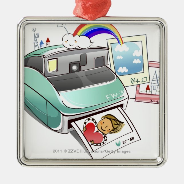 Photograph coming out of an instant camera metal ornament (Front)