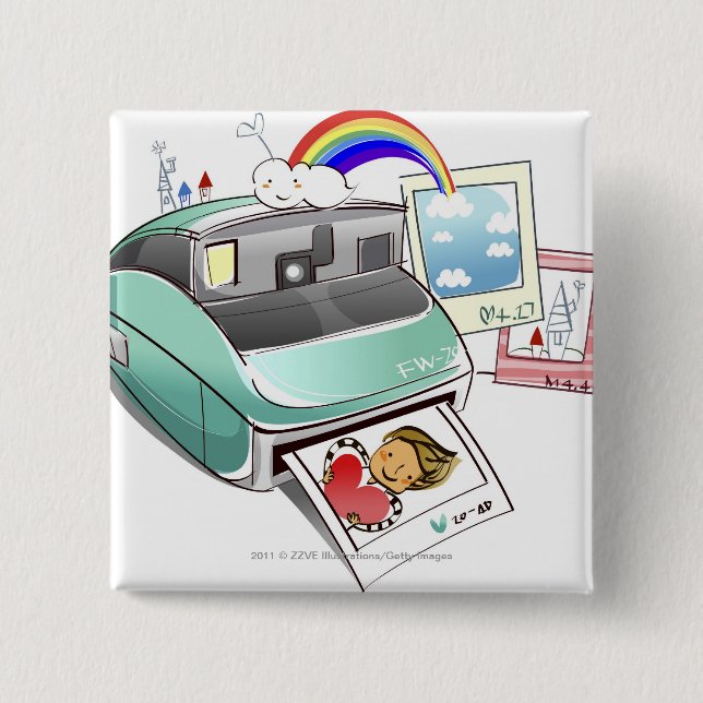 Photograph coming out of an instant camera pinback button (Front)