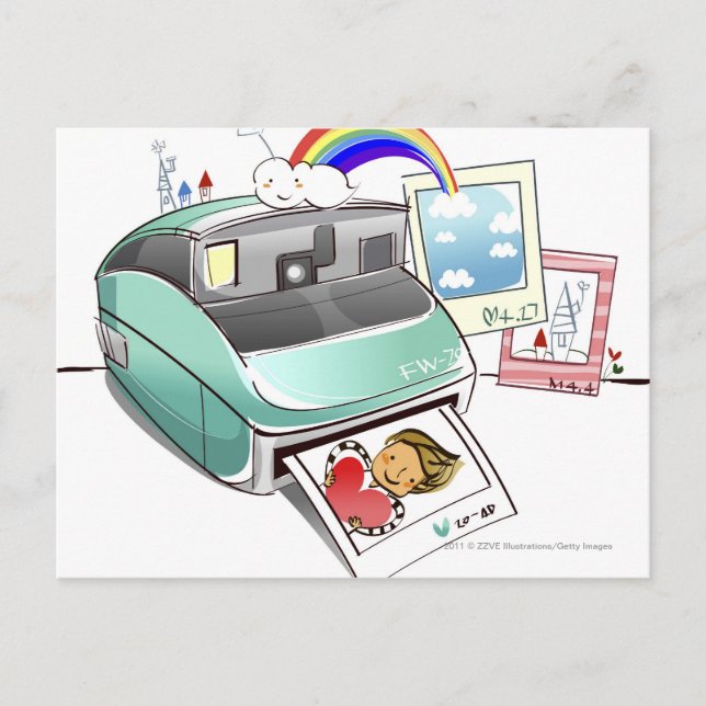 Photograph coming out of an instant camera postcard (Front)