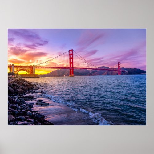 Photograph of a sunset over the Golden Gate Bridge Poster