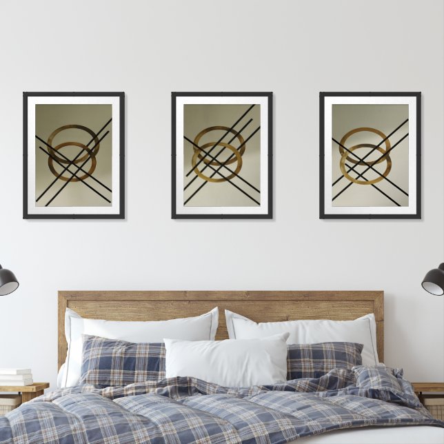 Photograph of Modern Abstract Art Triptych Golden Wall Art Sets (Bedroom)