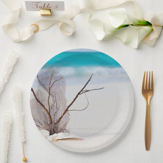 Photograph of Seashells on a Sandy Beach Paper Plates (Wedding)