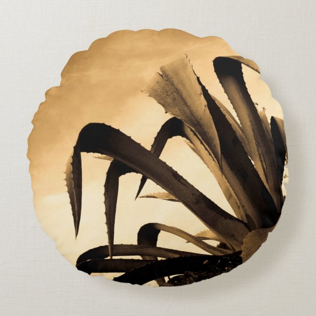 Photograph Sepia Aloe Plant Round Pillow (Front)