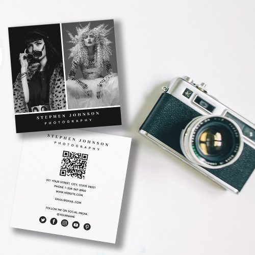 Photographer 2 Photos QR Code Social Media Icons  Square Business Card