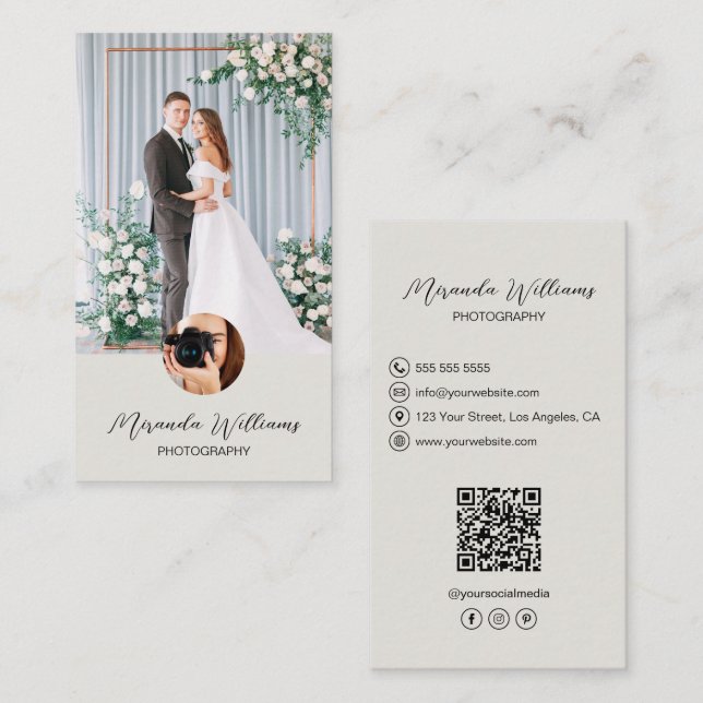 Photographer 2 Photos QR Social Media Neutral Tone Business Card (Front/Back)