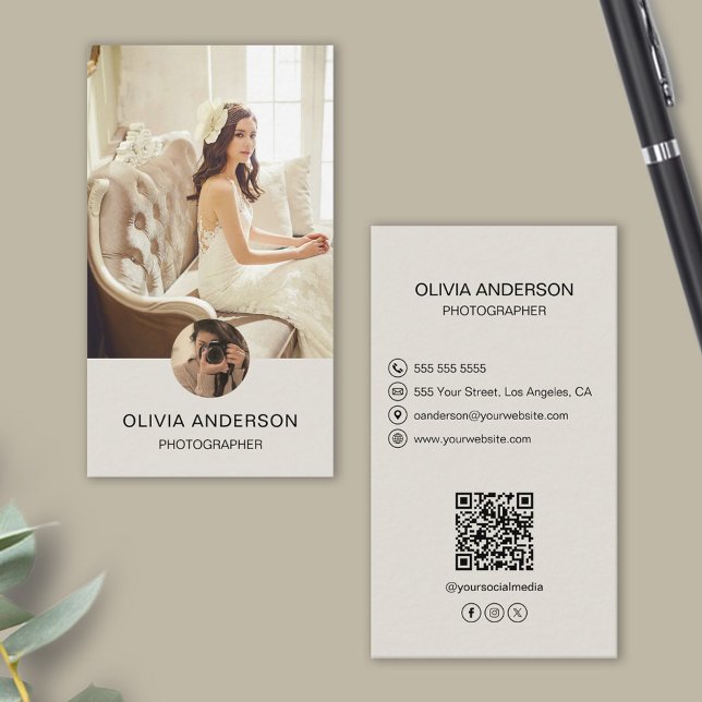 Photographer 2 Photos Replaceable Icons QR Code Business Card (Photographer 2 Photos Replaceable Icons QR Code Business Card)