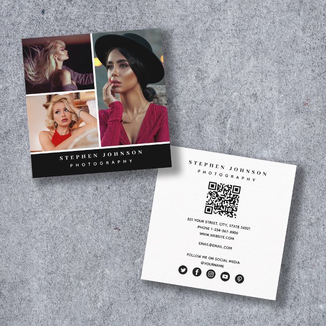 Photographer 3 Photos QR Code Social Media Icons Square Business Card (Creator Uploaded)