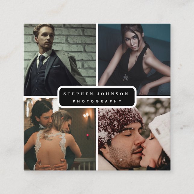 Photographer 4 Photos QR Code Social Media Icons  Square Business Card (Front)