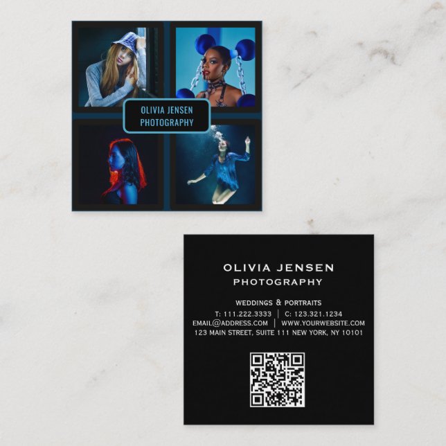 Photographer 4 Photos QR Code Social Media  Square Business Card (Front/Back)