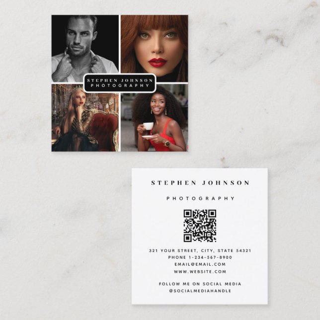 Photographer 4 Photos QR Code Social Media  Square Business Card (Front/Back)