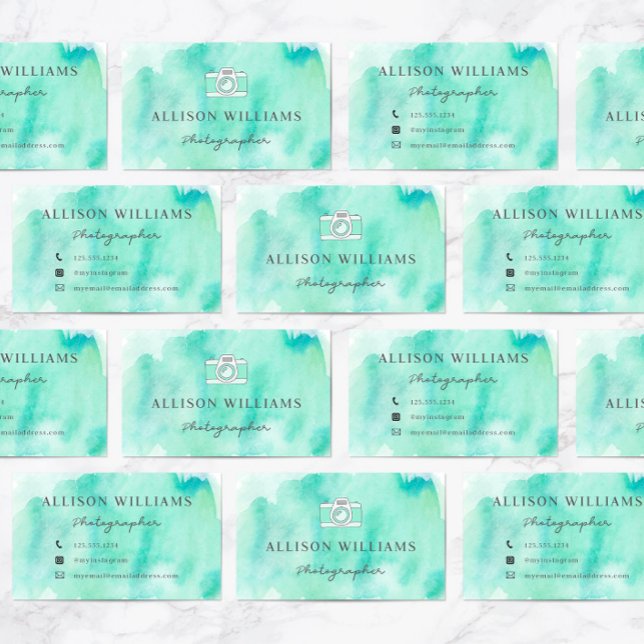 Photographer Aqua Watercolor Camera Business Card (Creator Uploaded)