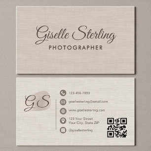 Photographer Beige Linen Modern Elegant QR Code Business Card