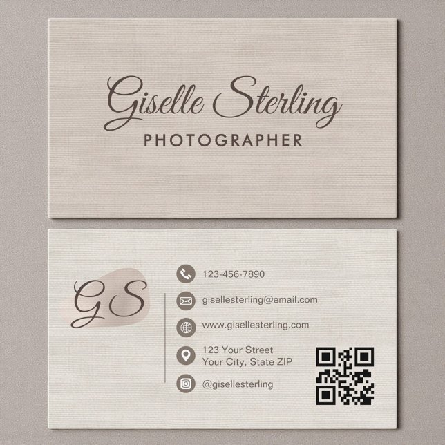 Photographer Beige Linen Modern Elegant QR Code Business Card (Creator Uploaded)