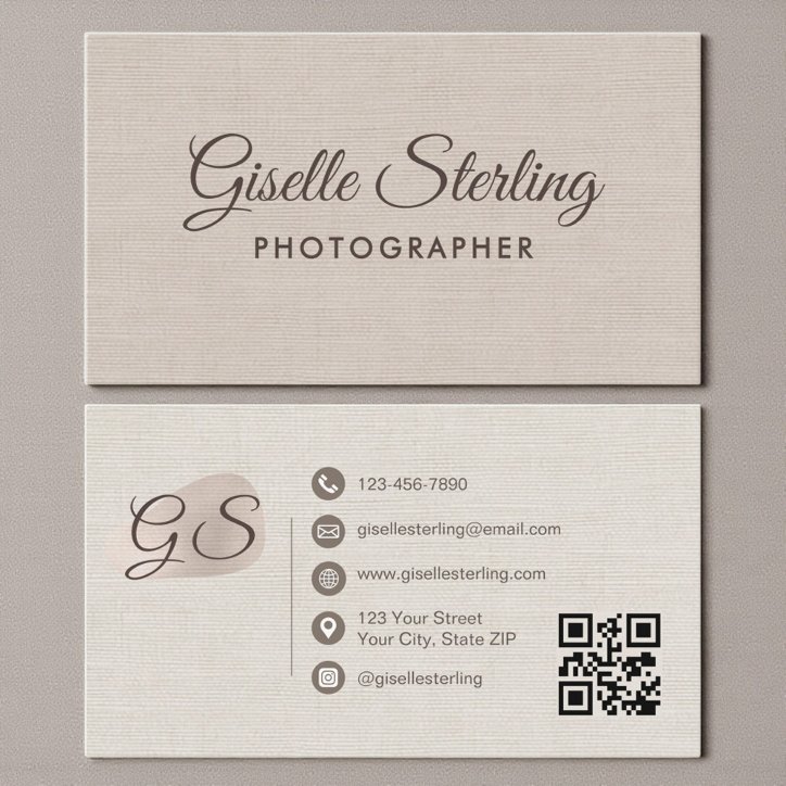 Photographer Beige Linen Modern Elegant QR Code Business Card
