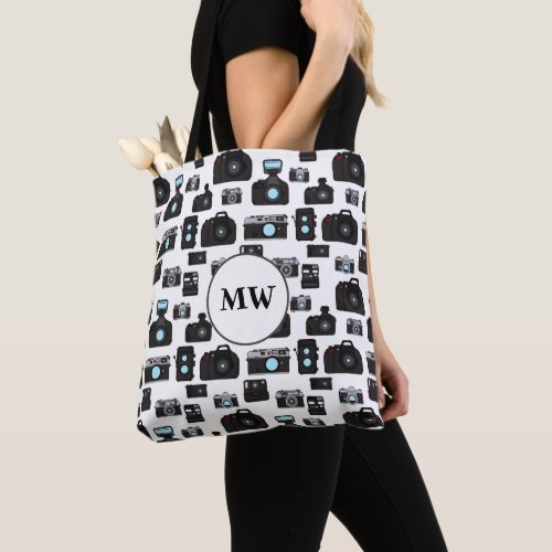 Photographer Black and White Camera Print Monogram Tote Bag