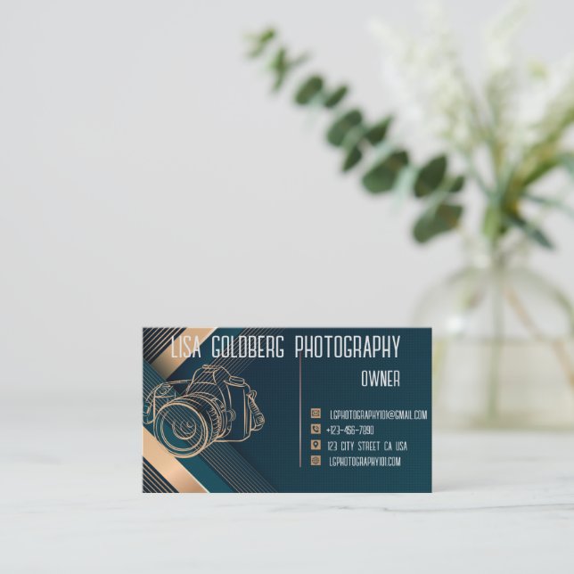 Photographer Business Card Teal, gold Customize (Standing Front)