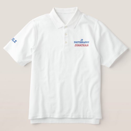 Photographer Business Name Blue Red Typography  Embroidered Polo Shirt