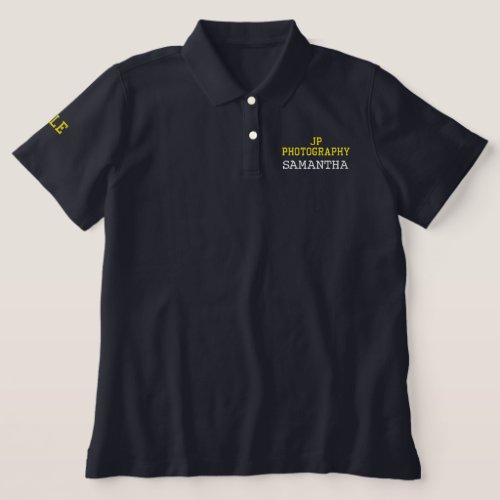 Photographer Business Name White Yellow Typography Embroidered Polo Shirt