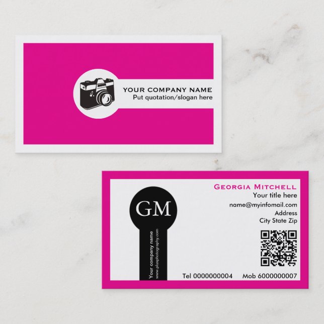 Photographer camera and QR code hot pink Business Card (Front/Back)