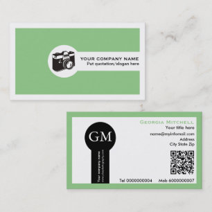 Photographer camera and QR code mint green Business Card