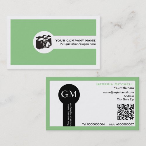 Photographer camera and QR code mint green Business Card