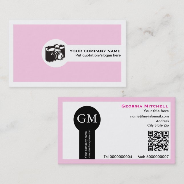 Photographer camera and QR code pink Business Card (Front/Back)