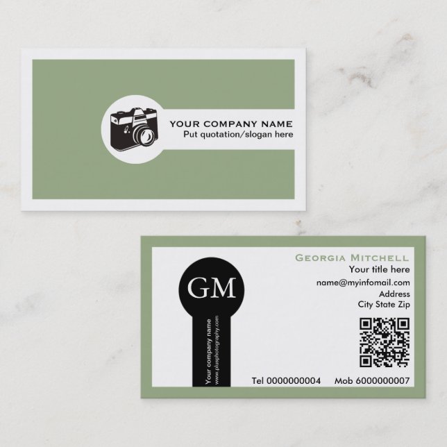 Photographer camera and QR code sage green Business Card (Front/Back)
