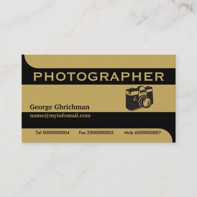 Photographer camera black, gold eye-catching business card (Front)