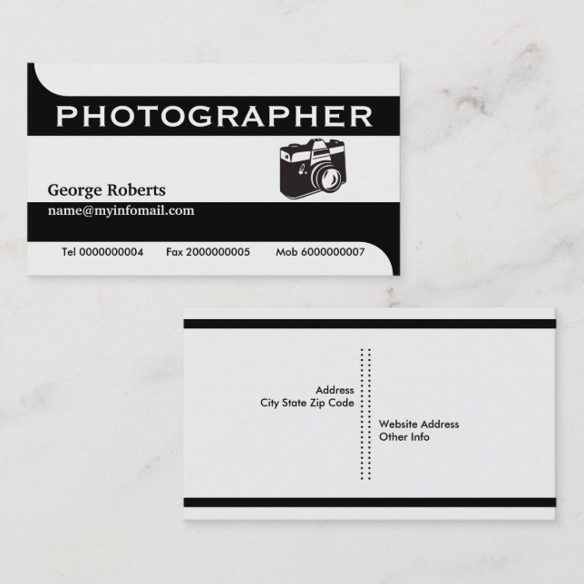 Photographer camera black, white modern business card (Front/Back)