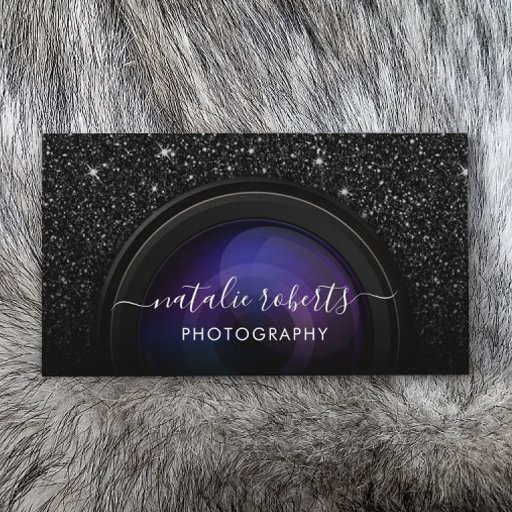 Customizable Photographer Camera Chic Black Glitter Photography Business Card