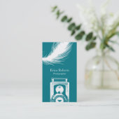Photographer Camera & Feathers Modern Teal Business Card (Standing Front)