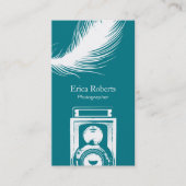 Photographer Camera & Feathers Modern Teal Business Card (Front)