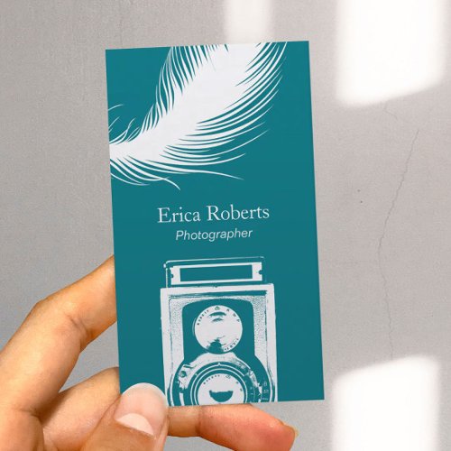Photographer Camera  Feathers Modern Teal Business Card