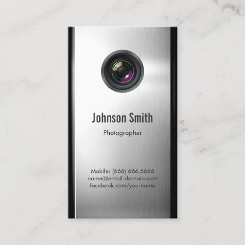 Photographer - Camera Lens in Silver Metallic Look Business Card