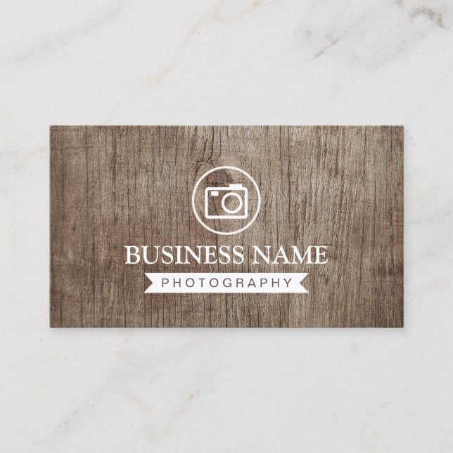 Photographer Camera Logo Vintage Wood Photography Business Card (Front)