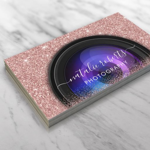 Customizable Photographer Camera Rose Gold Glitter Photography Business Card