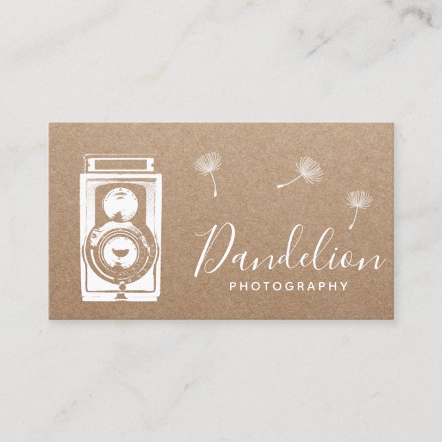 Photographer Camera Rustic Dandelion Kraft Business Card (Front)