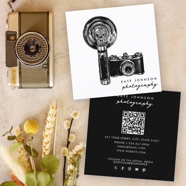 Photographer Camera Script Photography QR Code Square Business Card (Photographer Camera Script Photography QR Code Square Business Card)