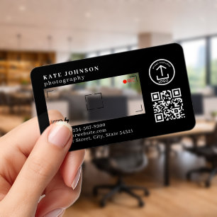 Photographer Camera View Minimalist Logo QR Code Clear Business Cards