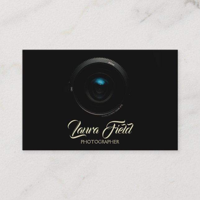 Photographer Elegant Black Camera Lens Business Card (Front)