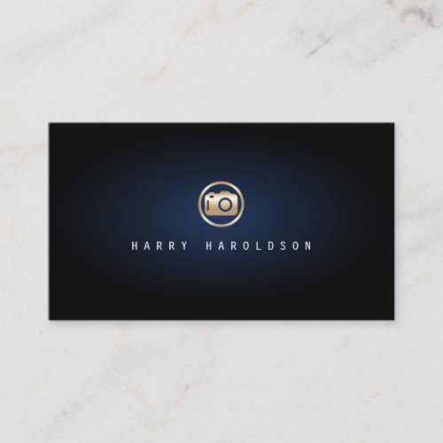 Photographer Elegant Gold Camera Icon Blue Glow Business Card