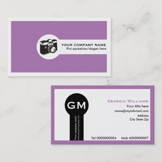 Photographer feminine business cards-purple business card (Front/Back)
