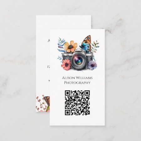 Photographer Floral Butterfly Camera Watercolor Qr Business Card