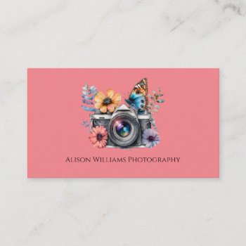 Photographer Floral Camera Watercolor Pink  Business Card by DesignsByElina at Zazzle