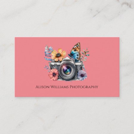 Photographer Floral Camera Watercolor Pink  Business Card