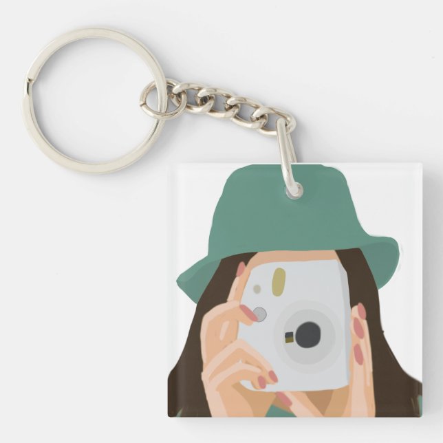 Photographer Girl Illustrated with Dark Hair Keychain (Front)
